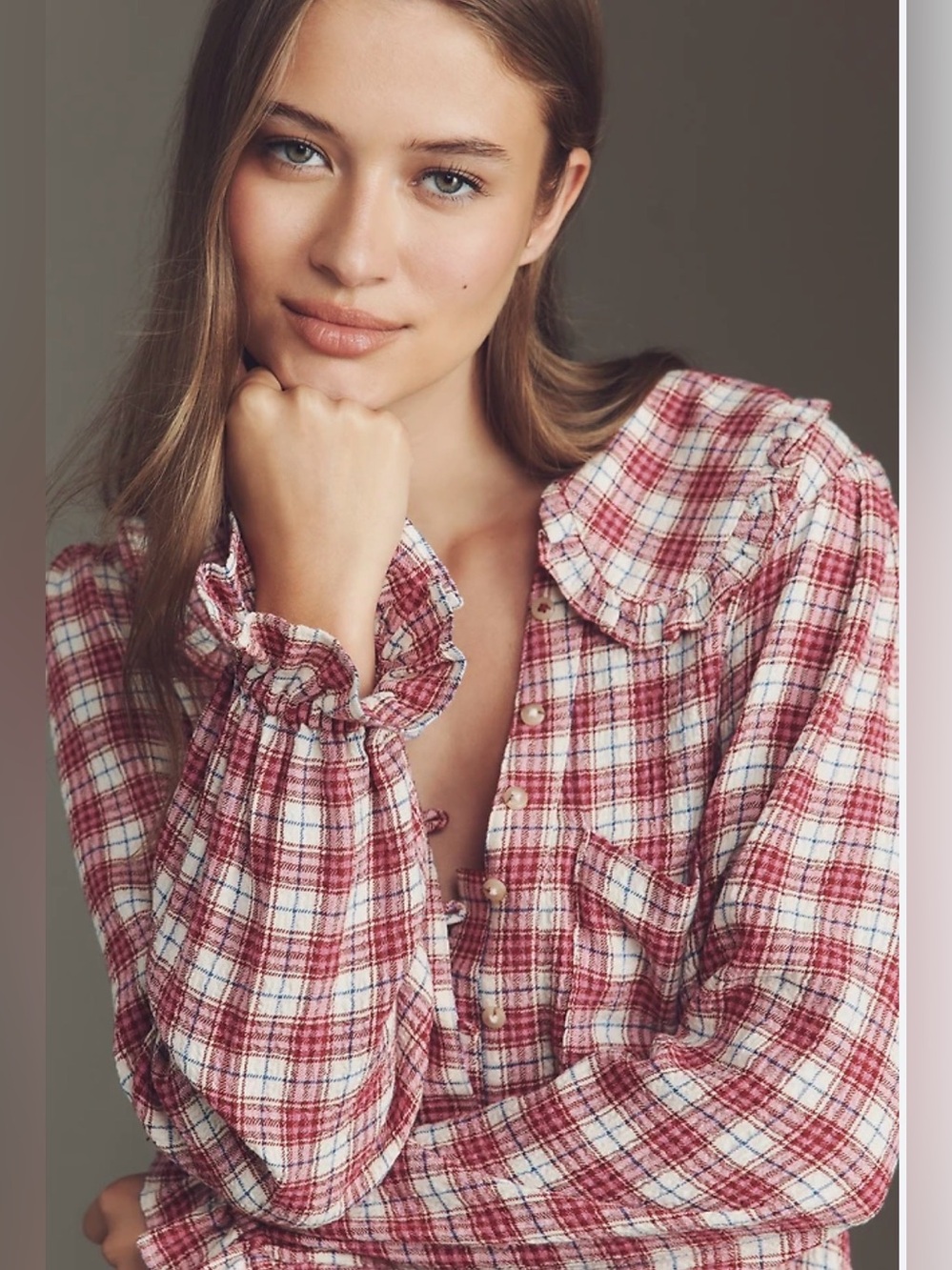 Pilcro Anthropologie Pink Keira Plaid Blouse Top | Ruffle Collar NWT XS #2627 - Picture 2 of 11